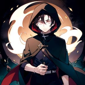 (masterpiece), high quality, 30 year old man, solo, anime style, short hair, deep black hair, cavalier and confident look, medieval black silk hood, medieval black shirt, medieval black silk cape, black pants, white eyes, eyes without pupils, glowing eyes, white aura, night forest background., pokemovies,Jujutsu Kaisen,whiteeyes