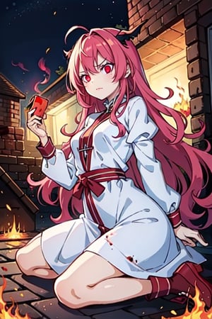 (masterpiece), high quality, 14 year old girl, solo, anime style, long wavy hair, fluorescent magenta hair, maniac, obsessive and angry look, covered in blood, white medieval elegant dress, red eyes, glowing eyes, fuchsia aura, night medieval ruined city burning to the ground background., pokemovies,seraphine