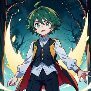 (masterpiece), high quality, 8 year old boy, solo, anime style, mid hair, deep dark green hair, scared look, brown leather medieval waistcoat, white silk shirt, black pants, light green eyes, glowing eyes, green aura, night forest background., pokemovies, wally, allister \(pokemon\), pokemon,