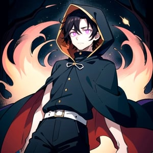 (masterpiece), high quality, 30 year old man, solo, anime style, short hair, deep black hair, cavalier and confident look, medieval black silk hood, medieval black shirt, medieval black silk cape, black pants, white eyes, eyes without pupils, glowing eyes, purple aura, night forest background., pokemovies,Jujutsu Kaisen,whiteeyes