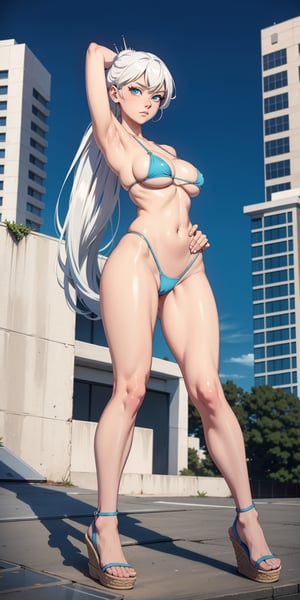 masterpiece, best quality, absurdres, perfect anatomy, 1girl, solo, outdoors, rooftop, midnight, full_body, feet, standing_up, facing_viewer, looking_at_viewer, focus, slim_body, weiss_schnee,  eye_scar, white_hair, blue_eyes,  wide_hips, big_thighs, curvy_hips, wedges, ,micro bikini,
