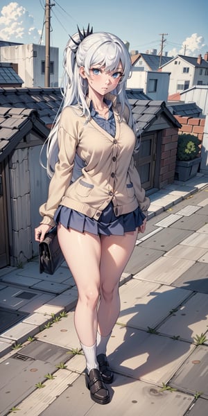 masterpiece, best quality, absurdres, perfect anatomy, 1girl, solo, outdoors, rooftop, midnight, full_body, feet, standing_up, facing_viewer, looking_at_viewer, focus, slim_body, weiss_schnee,  eye_scar, white_hair, blue_eyes,  wide_hips, big_thighs, curvy_hips,micro miniskirt, cardigan, wedges