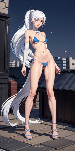 masterpiece, best quality, absurdres, perfect anatomy, 1girl, solo, outdoors, rooftop, midnight, full_body, feet, standing_up, facing_viewer, looking_at_viewer, focus, slim_body, weiss_schnee,  eye_scar, white_hair, blue_eyes,  wide_hips,  wedges, ,micro bikini,