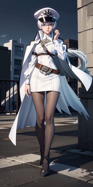 masterpiece, best quality, absurdres, perfect anatomy, 1girl, solo, outdoors, rooftop, midnight, full_body, feet, standing_up, facing_viewer, looking_at_viewer, focus, slim_body, weiss_schnee,  eye_scar, white_hair, blue_eyes, weissneg, peaked cap, military uniform, white coat, belt, pantyhose, heels,