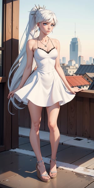 masterpiece, best quality, absurdres, perfect anatomy, 1girl, solo, outdoors, rooftop, midnight, full_body, feet, standing_up, facing_viewer, looking_at_viewer, focus, slim_body, weiss_schnee,  eye_scar, white_hair, blue_eyes,  wide_hips, big_thighs, curvy_hips, weissvale, ponytail, white dress, jewelry, necklace, red_earrings, wedges,