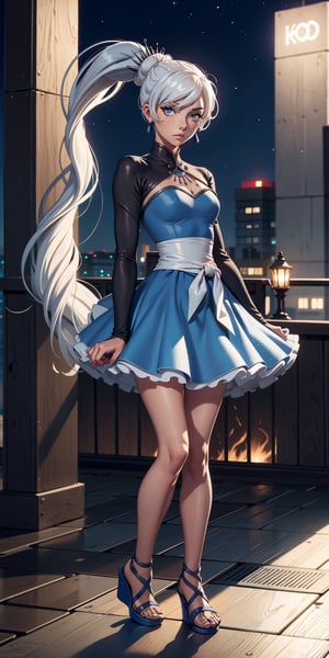 masterpiece, best quality, absurdres, perfect anatomy, 1girl, solo, outdoors, rooftop, midnight, full_body, feet, standing_up, facing_viewer, looking_at_viewer, focus, slim_body, weiss_schnee,  eye_scar, white_hair, blue_eyes, wide_hips, big_thighs, curvy_hips, weissmistral, side ponytail, blue dress, long sleeves, jewelry, red_earrings, wedges,