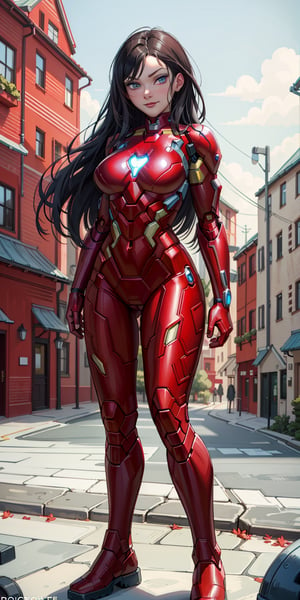 ARTSTYLE_AromaSensei_ownwaifu,masterpiece, best quality, absurdres, perfect anatomy, 1girl, solo, outdoors, city, midnight, full_body, feet, standing_up, facing_viewer, looking_at_viewer, focus, smirk, Laura, red lips, blue eyes, long black hair, thicc_hips,  huge_breast,


(wearing red irongirl_suit made_of_fractals:1.8),(fractalized, fractal_body:1.3), armor, ironman cosplay, armored_boots, armored_gloves, wedges