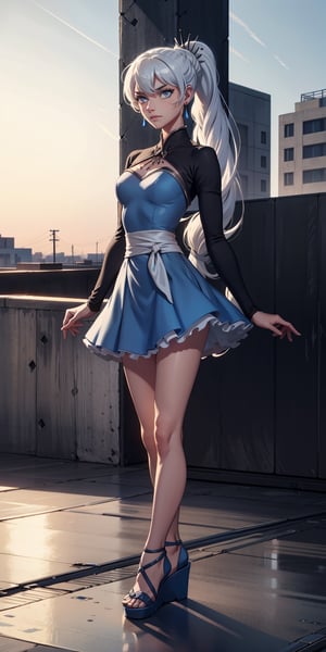 masterpiece, best quality, absurdres, perfect anatomy, 1girl, solo, outdoors, rooftop, midnight, full_body, feet, standing_up, facing_viewer, looking_at_viewer, focus, slim_body, weiss_schnee,  eye_scar, white_hair, blue_eyes, weissmistral, side ponytail, blue dress, long sleeves, jewelry, red_earrings, wedges,
