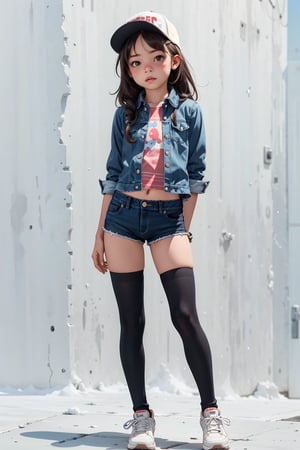 1 girl, alone, girl, full body, 1 girl wearing tight denim shorts, thigh-high stockings, plaid button-down shirt, sneakers, trucker hat, girl posing standing, legs slightly open,

no background, simple background, gradient background, white plain background, 