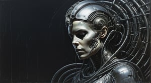 score_9, score_8_up, score_7_up, 1girl, upper body, portrait, engineer, minimal mechanical armor, lPortrait, Full length, Biomechanical skull biomechanical style H.R. Giger style, attached to a cyberpunk biomechanical machine, industrial mechanical environment, rust and metal, cables and pipes, ventilation ducts, her body is embedded in a biomechanical machine, suspended and welded to a biomechanical wall with her legs spread, a biomechanical tube penetrates her, Biomechanical human skull in the characteristic biomechanical style of H.R. Giger, Only a human H.R. style. giger, ominously intricate machine, parts of human skull subtly morph into cool yet complex metallic contours, biomechanical wires and pipes coming out of human skull, dark foggy environment, skull subtly attached and fused to biomechanical environment, biomechanical pipes, water vapor and fog surround her, horror atmosphere, slimy slime drips from her body, alien style 1979