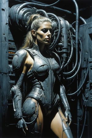 Photo realist, Cinematographic photo, cyberpunk Mechanicalscore_9, score_8_up, score_7_up, 1girl, upper body, portrait, engineer, minimal mechanical armor, lPortrait, Full length, Biomechanical skull biomechanical style H.R. Giger style, attached to a cyberpunk biomechanical machine, industrial mechanical environment, rust and metal, cables and pipes, ventilation ducts, her body is embedded in a biomechanical machine, suspended and welded to a biomechanical wall with her legs spread, a biomechanical tube penetrates her, raised open legs, penetration of biomechanical tentacles, biomechanical human skull in the characteristic biomechanical style of H.R. Giger, her form is a hypnotic fusion of a biomechanical body of a human being H.R. style. giger, an ominously intricate machine, body parts subtly morph into cold yet complex metallic contours, in her clear gaze radiates a biting and calculating stare, dark environment with fog, body subtly attached and fused to biomechanical surroundings, biomechanical pipes, water vapor and fog surround her, horror atmosphere, slimy slime drips from her body, alien style 1979