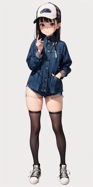 1 girl, alone, girl, full body, 1 girl wearing tight denim shorts, thigh-high stockings, plaid button-down shirt, sneakers, trucker hat, girl posing standing, legs slightly open,

no background, simple background, gradient background, white plain background, CutePatinting,CutePatinting