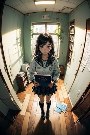 (Good resolution, sharp image), from above, fisheye lens, alone, student job, school uniform, holding books, 1 girl standing in a hallway inside an abandoned school, ruined school, ruined school, depth of field,
