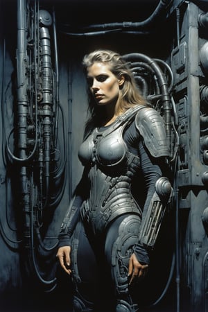 Photo realist, Cinematographic photo, cyberpunk Mechanicalscore_9, score_8_up, score_7_up, 1girl, upper body, portrait, engineer, minimal mechanical armor, lPortrait, Full length, Biomechanical skull biomechanical style H.R. Giger style, attached to a cyberpunk biomechanical machine, industrial mechanical environment, rust and metal, cables and pipes, ventilation ducts, her body is embedded in a biomechanical machine, suspended and welded to a biomechanical wall with her legs spread, a biomechanical tube penetrates her, raised open legs, penetration of biomechanical tentacles, biomechanical human skull in the characteristic biomechanical style of H.R. Giger, her form is a hypnotic fusion of a biomechanical body of a human being H.R. style. giger, an ominously intricate machine, body parts subtly morph into cold yet complex metallic contours, in her clear gaze radiates a biting and calculating stare, dark environment with fog, body subtly attached and fused to biomechanical surroundings, biomechanical pipes, water vapor and fog surround her, horror atmosphere, slimy slime drips from her body, alien style 1979