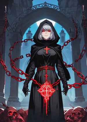 short grey hair, red eyes, long bangs, hair covering eyes, bangs covering eyes, eyes covered, blood tears, bare shoulders, detached sleeves, priestess, nun, black habit, despair, smiling, capalet, black sclera, eldritch horror, blood moon, red moon, cross, chains, chained, disturbing, skulls, church, inverted, shadows, shadow monster, shadow demon, demonic, horror, blurred, pixel, cartoony, like blue archive, stylised, glitch art, low saturation, wallpaper, landscape, The character is in the center of the frame, Girl on the center axis of the picture, bloom, detailed hands, super detail, Tenebrism art style, creepy, in hell