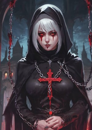 short grey hair, red eyes, long bangs, hair covering eyes, bangs covering eyes, eyes covered, blood tears, bare shoulders, detached sleeves, priestess, nun, black habit, despair, smiling, capalet, black sclera, eldritch horror, blood moon, red moon, cross, chains, chained, disturbing, skulls, church, inverted, shadows, shadow monster, shadow demon, demonic, horror, blurred, pixel, cartoony, like blue archive, stylised, glitch art, low saturation, wallpaper, landscape, The character is in the center of the frame, Girl on the center axis of the picture, bloom, detailed hands, super detail, Tenebrism art style, creepy, in hell