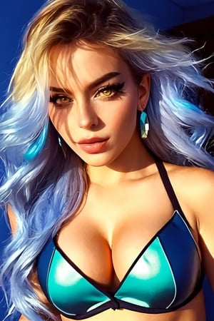 Beautiful,beautiful_face,perfect lighting,Colorful,Bright_Front_face_Lighting,highres,absurdres,ultra high res,high quality,very highly detailed face,masterpiece,perfect_hands,perfect_fingers,exquisite facial features,exquisite hair,exquisite eyes,gradient colored hair,16K quality,gorgeous light and shadow,Tyndall effect,messy hair,young state,gorgeous scenes,ample breasts,exquisite breasts,firm breasts,collarbone,narrow waist,ultra-detailed,gigantic breasts,thick tits,busty,curvy,earrings,jewelry,shiny skin,mature female,bokeh,lens flare,vibrant_color,Linaria,blonde hair,long hair,messy hair,yellow eyes,Battlesuit,blue theme,bikini armor,crotch armor,gauntlets,blue legwear,breast curtains,tail,panties,underboob