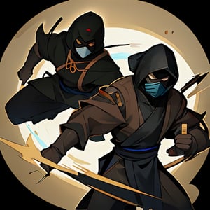 (assassin, attack, vital point, punch, black hood, mask, ninja, samurai), (paint style, ability icon, dark background, brown_scroll_texture),