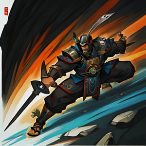 (barbarian samurai, strong, spear, attacking with spear), (paint style, ability icon, red_scroll_texture),