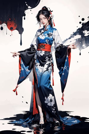 8k, (absurdres, highres, ultra detailed), (1 girl:1.3), curly long hair, EpicArt,Chinese ink paint, ((colorful water inkSpot)) ,black and white,Chinese style, burgundy-blue theme, full body,chinese_clothes,ink splash