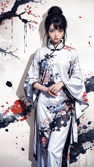 8k, (absurdres, highres, ultra detailed), (1 girl:1.3), EpicArt,Chinese ink paint,colorful water inkSpot,White and white,Chinese style, chinese_clothes