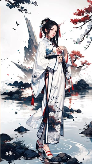 8k, (absurdres, highres, ultra detailed), (1 girl:1.3), EpicArt,Chinese ink paint,colorful water inkSpot,White and white,Chinese style, chinese_clothes