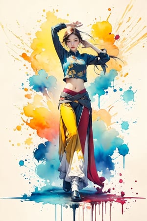 extreme detailed, (masterpiece), (top quality), (best quality), (official art), (beautiful and aesthetic:1.2), (stylish pose), (1 woman), (fractal art:1.3), (colorful), (burgundy-yellow theme: 1.2), ppcp, 七分裙, show navel, full body, ,perfect,ChineseWatercolorPainting,Chromaspots,masterpiece