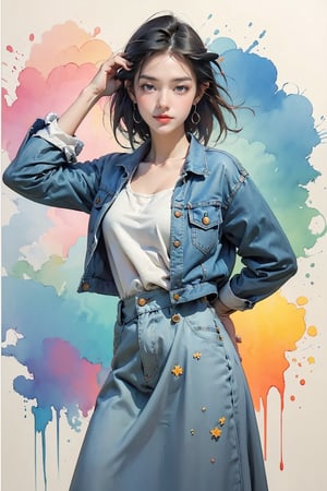 extreme detailed, (masterpiece), (top quality), (best quality), (official art), (beautiful and aesthetic:1.2), (stylish pose), (1 woman), (colorful), (multicolor theme: 1.5), ppcp, medium length skirt, 	looking into distance, long wave black hair, random pose, wearing a short denim jacket,
perfect,ChineseWatercolorPainting,Chromaspots,fairy,pastelbg,Ava