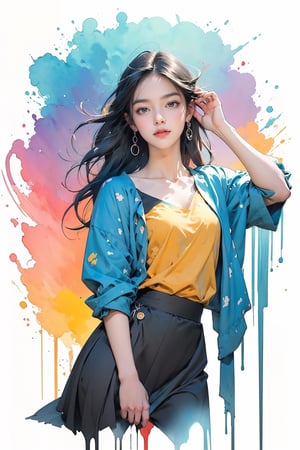 extreme detailed, (masterpiece), (top quality), (best quality), (official art), (beautiful and aesthetic:1.2), (stylish pose), (1 woman), (colorful), (multicolor theme: 1.5), ppcp, medium length skirt, 	looking into distance, long wave black hair, 
perfect,ChineseWatercolorPainting,Chromaspots,fairy,pastelbg