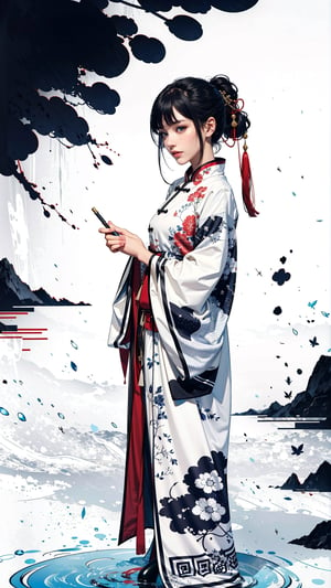 8k, (absurdres, highres, ultra detailed), (1 girl:1.3), EpicArt,Chinese ink paint,colorful water inkSpot,White and white,Chinese style, chinese_clothes