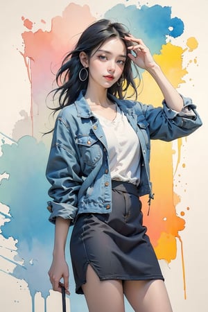 extreme detailed, (masterpiece), (top quality), (best quality), (official art), (beautiful and aesthetic:1.2), (stylish pose), (1 woman), (colorful), (multicolor theme: 1.5), ppcp, medium length skirt, 	looking into distance, long wave black hair, random pose, wearing a short denim jacket,
perfect,ChineseWatercolorPainting,Chromaspots,fairy,pastelbg,Ava