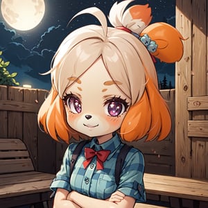 upper body, smiling, looking aat viewer, 1girl, chibi, 1girl, masterpiece, best quality, highres, (((picture perfect))),  (isabelle \(animal crossing\):1.05), (masterpiece, best quality:1.1), 1girl, solo, small breasts, burgundy eyes, looking up, arms crossed, night, night sky, stormy, lightning, wide forehead, big eyes, small nose, green checkered shirt with red bow, medium hair, crossed bangs, ahoge, compassionate, indoors, sauna, benches, towels, heat, essential oils