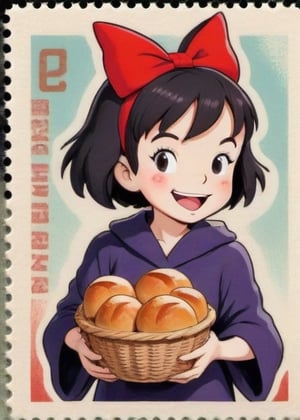  a postage stamp wih kiki from kiki's delivery service on it, Kiki, kiki's delivery service,  Big red bow on head, large brown sachel, dark purple robe, kiki is holding a large basket with a handle filled with fresh bread rolls,

1girl, simple background, looking at viewer, smile,  closed mouth

1gir, Vintage Postage Stamps - a postage stamp with color inside. The stamp's outline should be just like the real thing. 
,anime,StdGBRedmAF