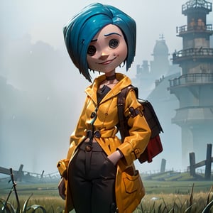 other mother with blue hair, dressed like her daughter coraline,  wearing a mans long cheap yellow rain coat with a hood zipped up to her neck, (( mans yellow rain coat ziped up to her neck00, wearing a large brown purse straped over her shoulder, plue pants, button eyes, wicked 
smile, closed mouth, skinny and tall, 8 years old, skinny body with no curves, tiny hips


(masterpiece, best quality:1.2), other mother, 1girl, solo, blue hair, pants, short hair, black eyes,looking at viewer,
,other mother

standing in a grassy field on a gloomy day