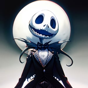 Jack skellington, happy.  1boy, looking over shoulder
skellington dressed like jack skellington from night mare before christmas,
Jack skellington with a thin body of bones, in a black suit eith a white shirt, head turned tward viewer, in the style of tim burton,

masterpiece, best quality, highres, (insanely detailed, masterpiece, best quality) ,cls_chibi