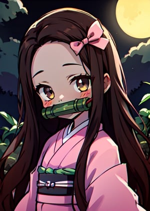Nezuko, pink kimono, Pink bow, Green bamboo gag, long straight hair, Brown hair, looking at viewer
chibi, 1girl, masterpiece, best quality, highres, smile, standing,  upper body,  garden, night time, yellow moonlight,  gravyard, dead trees, (insanely detailed, beautiful detailed face, masterpiece, best quality)  ,sketch