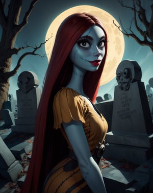 Sally, looking at camera, colored skin,stitches,long red hair, stitched face, lips,  small pupils,  black eyes,  large eyes, 
dress,smile, 
standing,  upper body,  garden, 
 yellow moonlight,  graveyard, dead trees, 
(insanely detailed, beautiful detailed face, masterpiece, best quality)  
