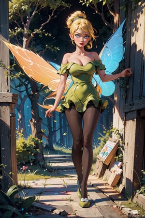 (masterpiece, best quality,high detailed), blonde girl,virgin killer outfit, high-waist skirt, standing, pantyhose, ,cartoon,Jasmine, lim jawline, clear facial features, red lips, (shining eyes),
Dark forest, 1 girl, fairy, fantasy, yellow hair, blue eyes, brown hair, off-shoulder dress, mini dress, green dress, leaf dress, green shoes, fairy wings,