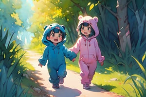 a drawing of a boy and girl,  wearing a onesie, with the hood on his head, walking in the forest looking for the perfect pet, sunny day,

in the style of calvin and hobbs, chibi, 1boy,1girl,



digital illustration, approaching perfection, dynamic, highly detailed, watercolor painting, artstation, concept art, sharp focus, in the style of artists like Russ Mills, Sakimichan, Wlop, Loish, Artgerm, Darek Zabrocki, and Jean-Baptiste Monge,v0ng44g

,(watercolor),celia