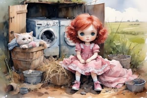 Small girls rag doll with red hair and pink dress with poofy shoulders, simple doll, white shoes on doll

Laying in dirty girls laundry
 farm, big eyes, freedom, soul, digital illustration, approaching perfection, dynamic, highly detailed, watercolor painting, artstation, concept art, sharp focus, in the style of artists like Russ Mills, Sakimichan, Wlop, Loish, Artgerm, Darek Zabrocki, and Jean-Baptiste Monge,v0ng44g,BJ_Sewing_doll