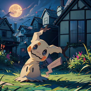 ((masterpiece,best quality)), absurdres,, Mimikyu_Pokemon,  no humans, solo, looking at viewer, cinematic composition, haunted house background, full moon, 