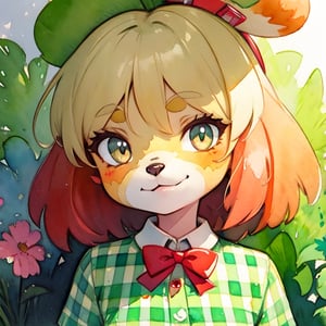 isabelle \(animal crossing\)  with a green checkered shirt looking at the viewer, red bow, big head

digital illustration, approaching perfection, dynamic, highly detailed, watercolor painting, artstation, concept art, sharp focus, in the style of artists like Russ Mills, Sakimichan, Wlop, Loish, Artgerm, Darek Zabrocki, and Jean-Baptiste Monge,v0ng44g

,watercolor,isabelle \(animal crossing\)