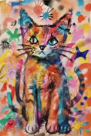 messy drawing of a cat, lots of colors, drawn by a 2 year old