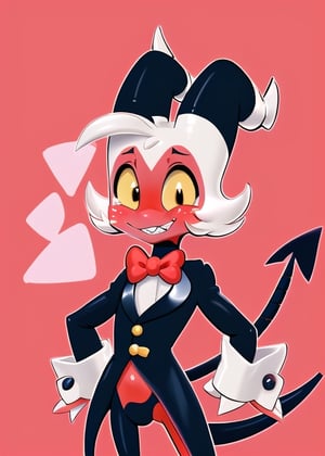 blush, 4 arms puckered lips

Moxy
(best quality, masterpiece:1), solo, furry male anthro moxxie, red skin, black suit, red bowtie, standing, looking at viewer, (colorful abstract background:1.2), clenched teeth, grin, sharp teeth, demon tail, 
