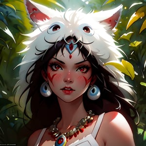 1girl, solo, portrait of beautiful  and wild princessmononoke,, 

1girl, solo, beautiful princess mononoke in jungle with a giant grey wolves, serious, details, looking at viewer, blurry background, softfocus, red ears and round red eyes on wolf head.  necklace of large fangs


digital illustration, approaching perfection, dynamic, highly detailed, watercolor painting, artstation, concept art, sharp focus, in the style of artists like Russ Mills, Sakimichan, Wlop, Loish, Artgerm, Darek Zabrocki, and Jean-Baptiste Monge,v0ng44g

,(watercolor),