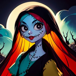 1girl, chibi, 1girl, masterpiece, best quality, highres, Sally, looking over her shoulder,in the style of tim burton, colored skin, stitches,long red hair, stitched face, lips,  small pupils,  black eyes, dress,smile, standing,  upper body,  garden, night time, yellow moonlight,  gravyard, dead trees, (insanely detailed, beautiful detailed face, masterpiece, best quality)  