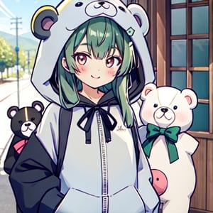Kuma Kuma Kuma Bear, hood, lonf hair, green hair, looking at viewer, cute, smile, White bear suit