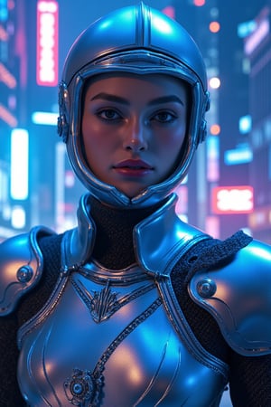 A photorealistic portrait of a royal knight girl in futuristic armor, with sleek, metallic surfaces that reflect a neon-lit cityscape. The armor is intricately detailed with holographic emblems and glowing circuits, giving it a high-tech, regal appearance. The knight’s face is partially covered by a transparent, visor-like helmet, revealing sharp, noble features and piercing eyes. The background is a bustling futuristic city with towering skyscrapers and flying vehicles, bathed in cool blue and purple hues.
