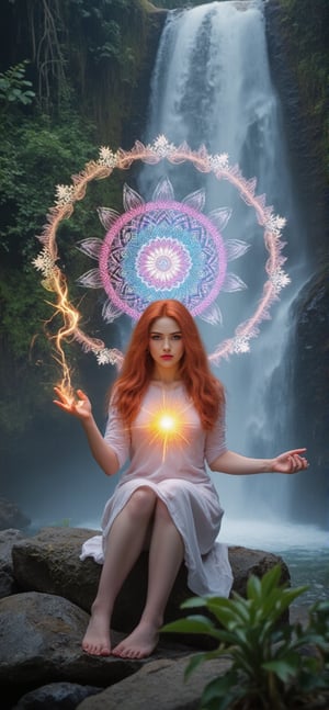 A serene woman with long, flowing red hair sits on a rock beside a cascading waterfall. She wears a simple, flowing dress that moves with the breeze. The sound of the water and the lush greenery surrounding her create a tranquil and natural atmosphere.
 . (((her hand crackling with huge fire power as she gazes directly at the camera,. The colorfully neon light of chakra shines through the head, chest, and abdomen, Behind her, a radiant, magical mandala-like aura of glowing, icy patterns spreads out, adding an ethereal and divine presence,)))