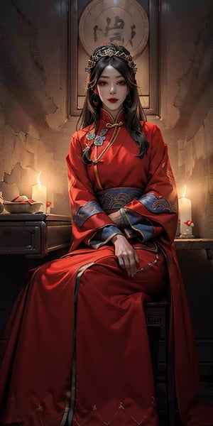 Masterpiece, Best Quality, Beautiful, High Quality, High Resolution Aesthetics, Detailed, Extremely Detailed, Ambient Soft Lighting, Perfect Eyes, Perfect Face, Somber Expression, 1girl, long black hair, hair accessories, 
Horror atmosphere, ancient Chinese bride, sitting in the room, candles on the table, red traditional Chinese dress, pale face, exquisite headdress, red lips, weird smile, a picture full of horror atmosphere,epiC35mm, qzcnhorror,from_below